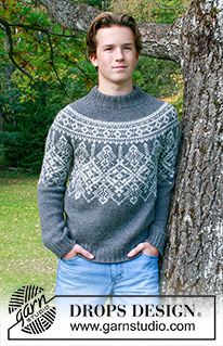 Midnight Frost / DROPS 251-11 - Maglione da uomo lavorato ai ferri in DROPS Lima. Lavorato dall’alto in basso, con sprone rotondo e motivo nordico. Taglie: S - XXXL.