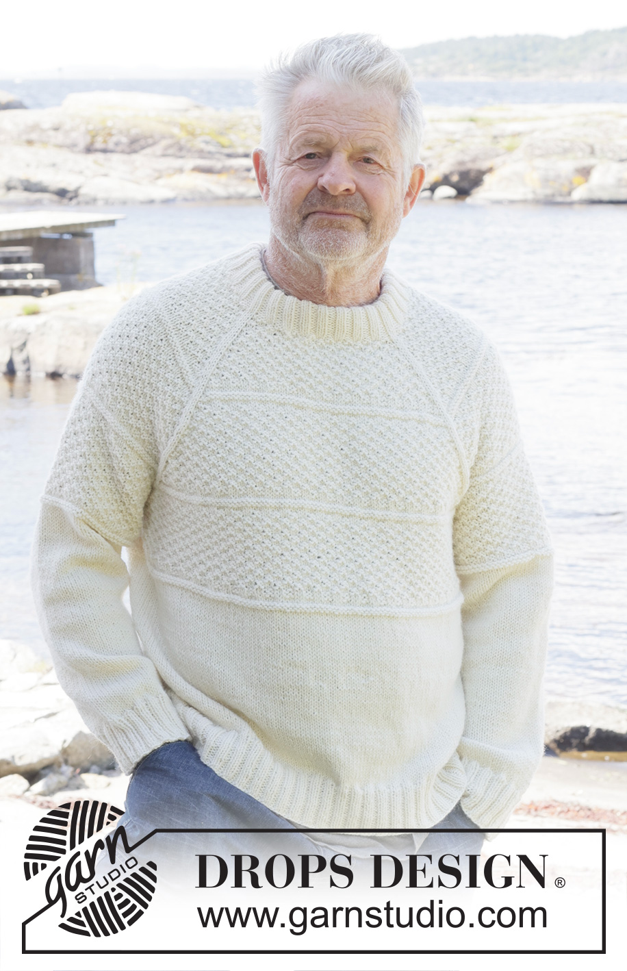 Harbor Horizon / DROPS 251-2 - Pull tricoté de haut en bas pour homme, en DROPS Lima ou DROPS Fiesta. Se tricote avec emmanchures raglan, point fantaisie relief et col doublé. Du S au XXXL