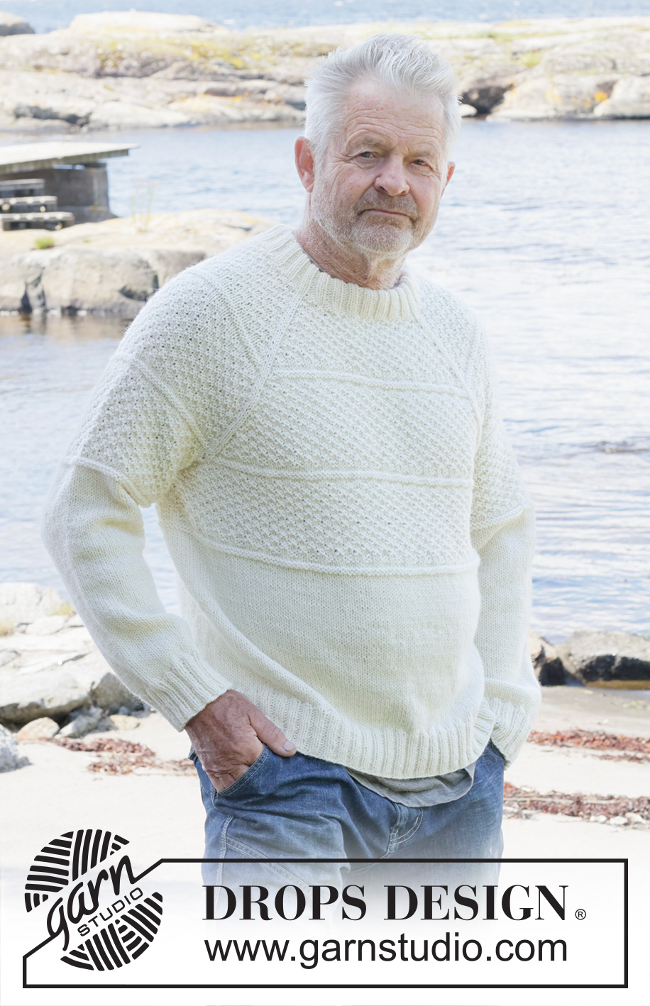 Harbor Horizon / DROPS 251-2 - Pull tricoté de haut en bas pour homme, en DROPS Lima ou DROPS Fiesta. Se tricote avec emmanchures raglan, point fantaisie relief et col doublé. Du S au XXXL