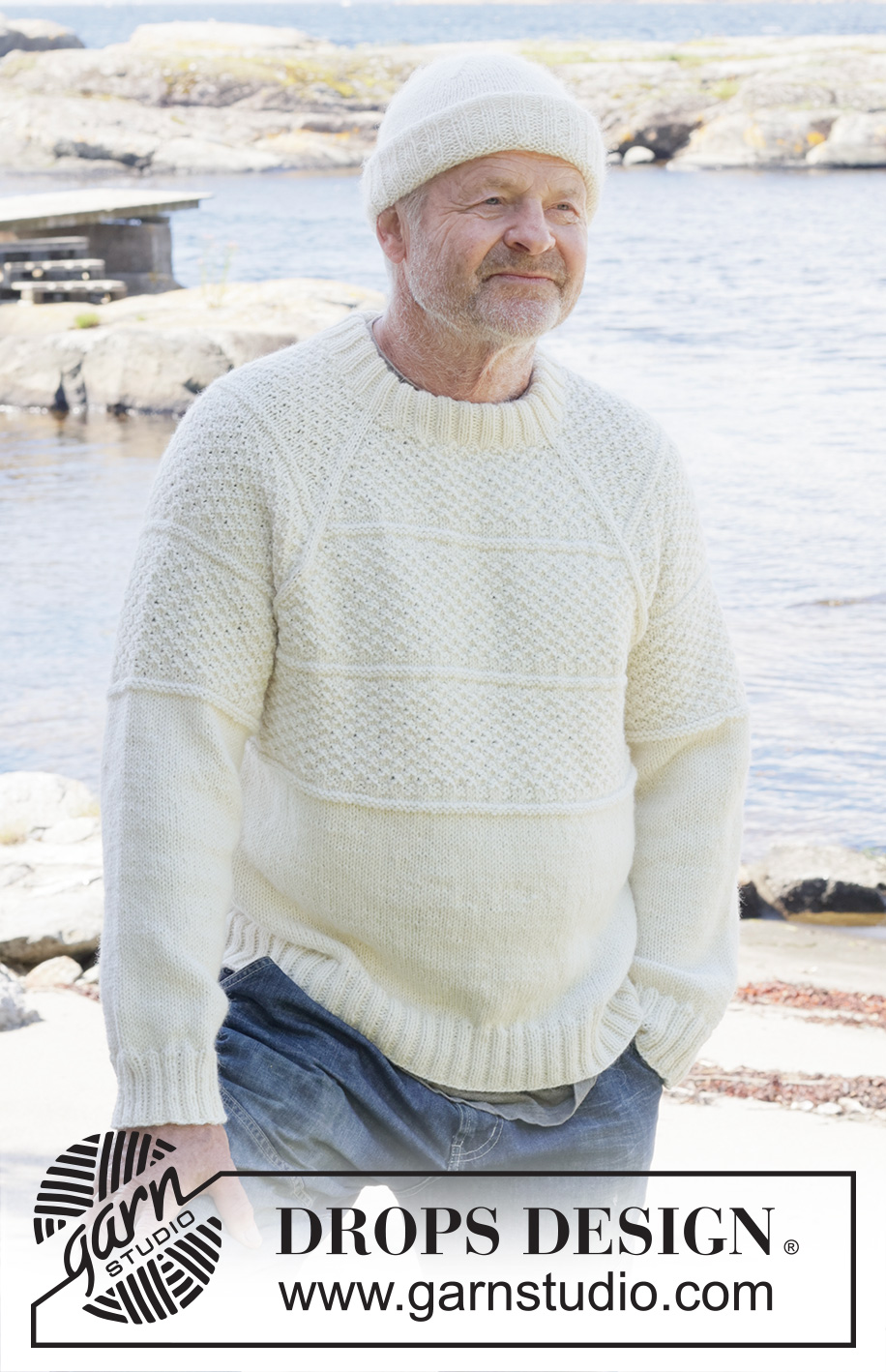 Harbor Horizon / DROPS 251-2 - Pull tricoté de haut en bas pour homme, en DROPS Lima ou DROPS Fiesta. Se tricote avec emmanchures raglan, point fantaisie relief et col doublé. Du S au XXXL