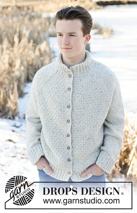 Arctic Horizon Cardigan / DROPS 251-21 - Knitted jacket for men in DROPS Soft Tweed. The piece is worked top down with raglan, double neck and relief-pattern. Sizes XS - XXXL.