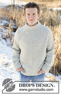 Arctic Horizon / DROPS 251-22 - Jersey de punto para hombre en DROPS Soft Tweed. La pieza está tejida de arriba hacia abajo con raglán, cuello doble y patrón en relieve. Tallas XS – XXXL.