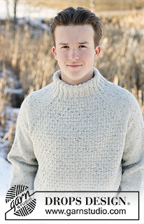 Arctic Horizon / DROPS 251-22 - Jersey de punto para hombre en DROPS Soft Tweed. La pieza está tejida de arriba hacia abajo con raglán, cuello doble y patrón en relieve. Tallas XS – XXXL.