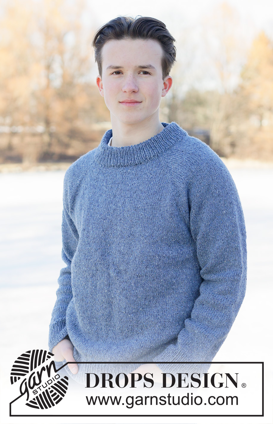 Azure Drift / DROPS 251-23 - Knitted jumper for men in DROPS Soft Tweed. The piece is worked top down with stocking stitch, raglan and double neck. Sizes XS - XXXL.