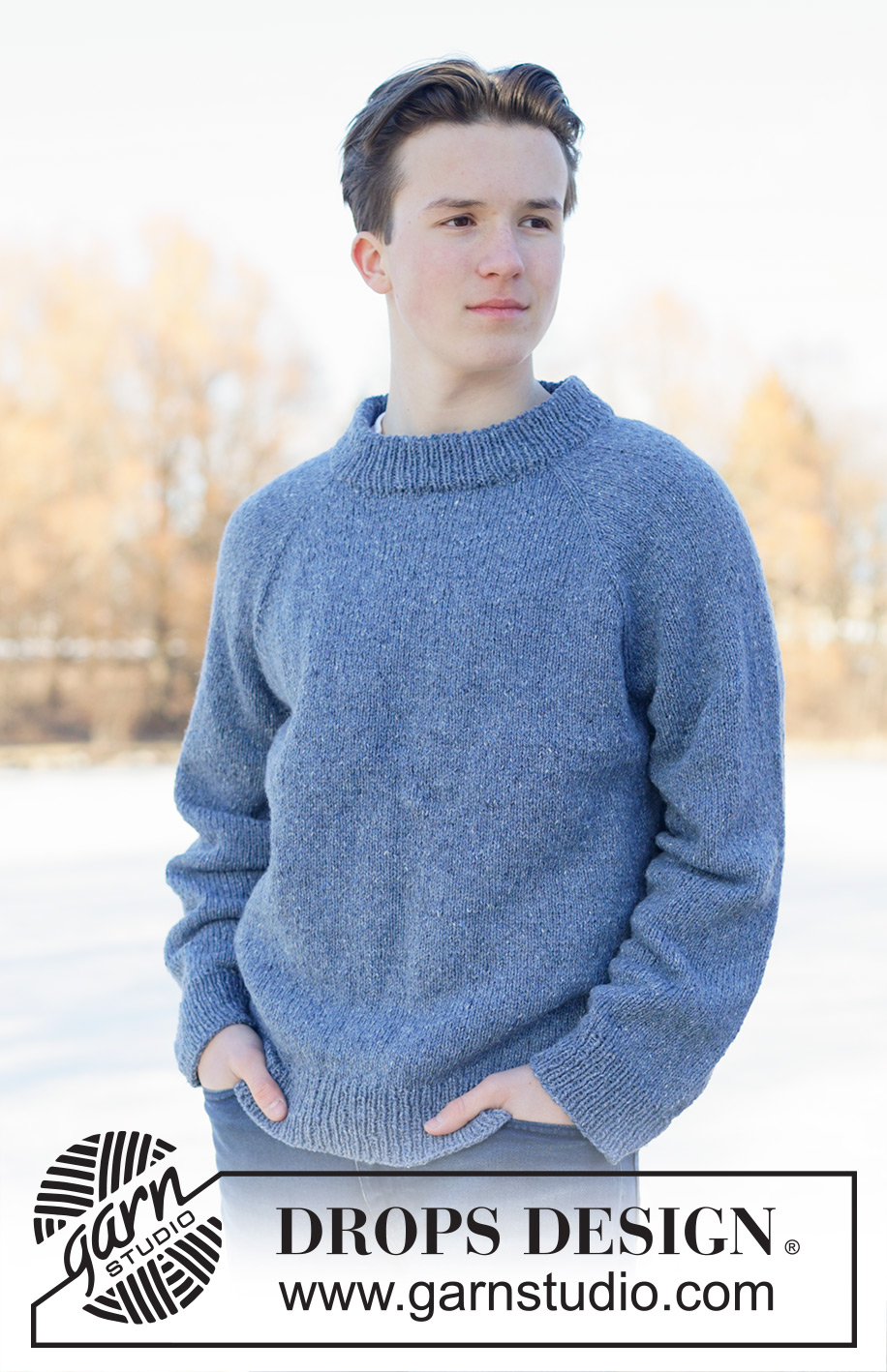 Azure Drift / DROPS 251-23 - Knitted jumper for men in DROPS Soft Tweed. The piece is worked top down with stocking stitch, raglan and double neck. Sizes XS - XXXL.