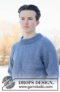 Azure Drift / DROPS 251-23 - Knitted jumper for men in DROPS Soft Tweed. The piece is worked top down with stocking stitch, raglan and double neck. Sizes XS - XXXL.
