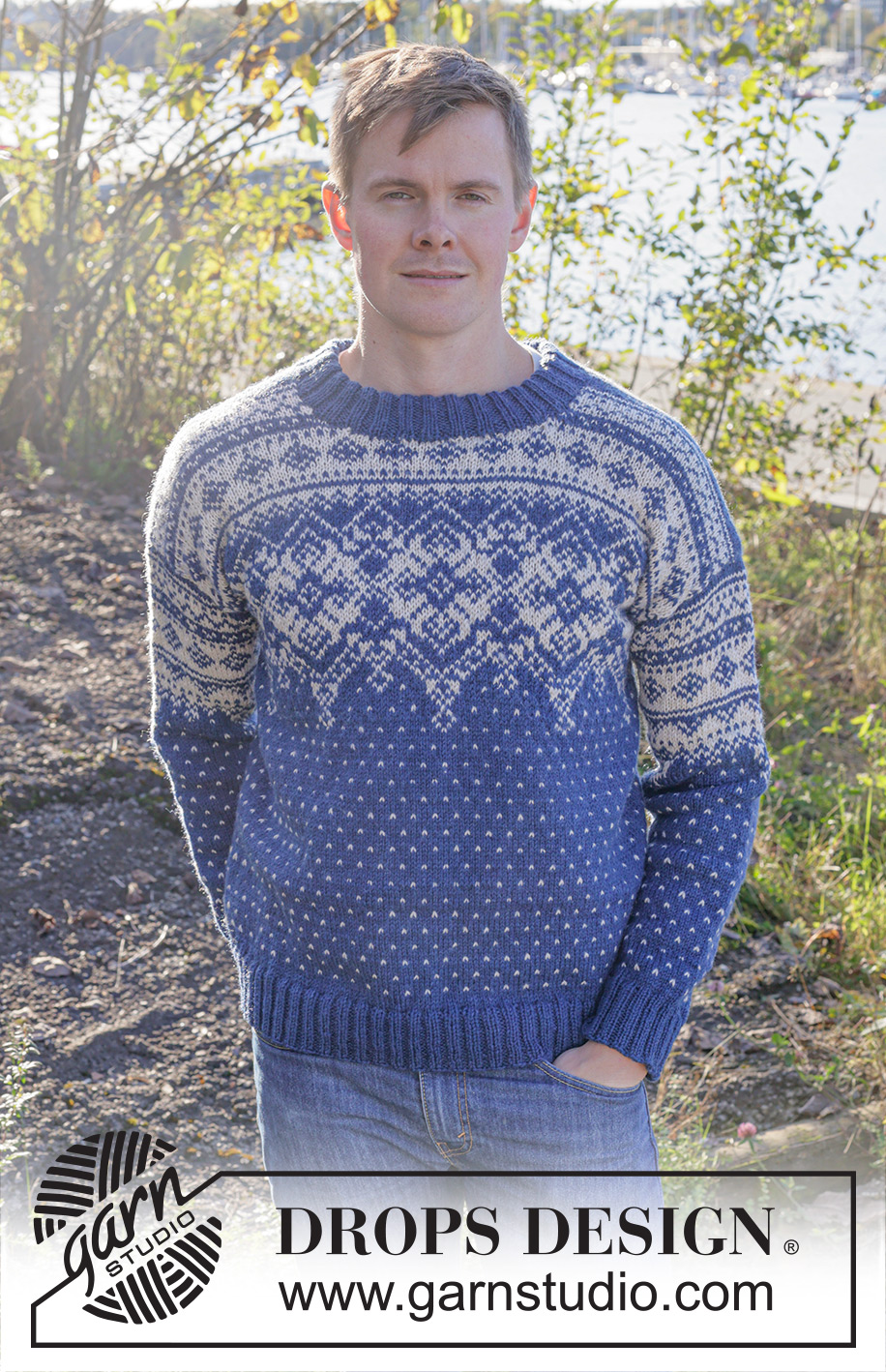 Evening Star / DROPS 251-5 - Knitted sweater for men in DROPS Karisma or DROPS Lima. The piece is worked top down with Nordic pattern and double neck. Sizes S – XXXL.