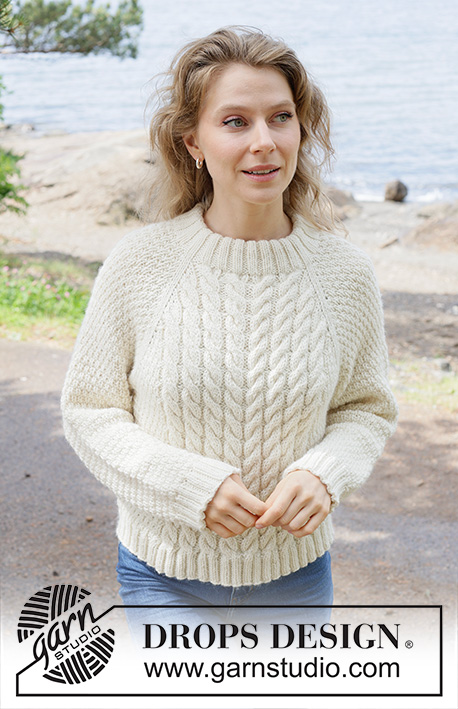 Ivory Coast / DROPS 252-17 - Knitted jumper in DROPS Nepal or DROPS Alaska. The piece is worked top down with raglan, cables and relief-pattern. Sizes S - XXXL.