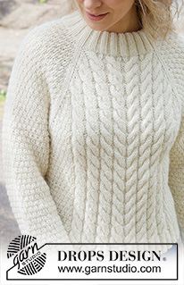 Ivory Coast / DROPS 252-17 - Knitted jumper in DROPS Nepal or DROPS Alaska. The piece is worked top down with raglan, cables and relief-pattern. Sizes S - XXXL.