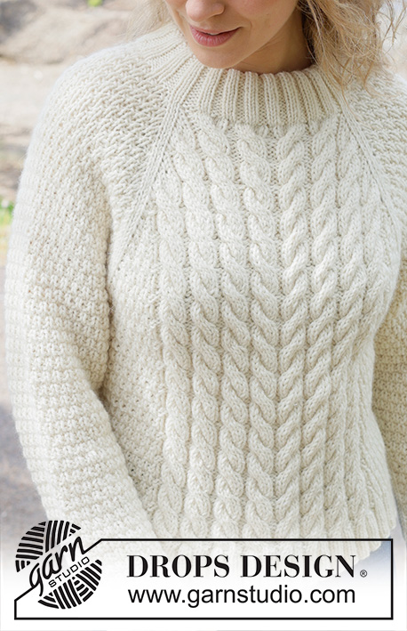 Ivory Coast / DROPS 252-17 - Knitted jumper in DROPS Nepal or DROPS Alaska. The piece is worked top down with raglan, cables and relief-pattern. Sizes S - XXXL.