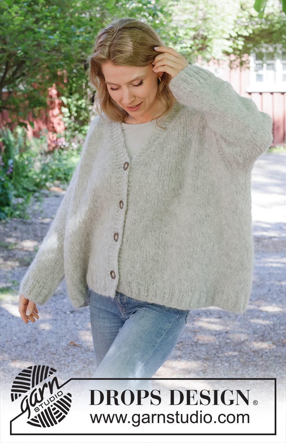 Crossed Path Cardigan / DROPS 252-18 - Knitted oversized jacket in DROPS Melody. Piece is knitted top down with diagonal / European shoulder, V-neck and I-cord. Size XS – XXL.