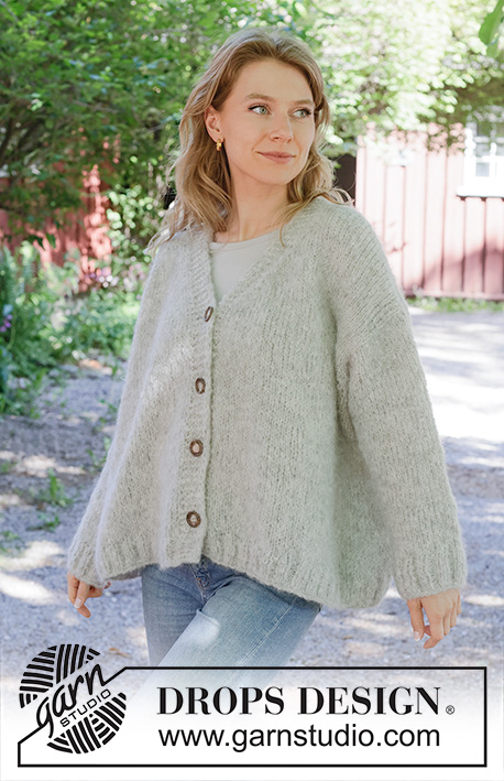 Crossed Path Cardigan / DROPS 252-18 - Knitted oversized jacket in DROPS Melody. Piece is knitted top down with diagonal / European shoulder, V-neck and I-cord. Size XS – XXL.