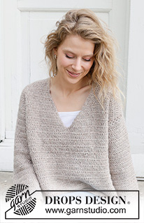 Silver Moon / DROPS 252-20 - Gehaakte oversized trui in DROPS Air. Het werk wordt van boven naar beneden gehaakt met stokjes en V-hals. Maten XS - XXL.