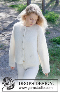 Dove Feather Cardigan / DROPS 252-23 - Rozpinany sweter na drutach, przerabiany od góry do dołu 1 nitką DROPS Melody lub 2 nitkami DROPS Brushed Alpaca Silk. Z reglanowymi rękawami. Od S do XXXL.