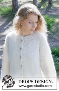 Dove Feather Cardigan / DROPS 252-23 - Rozpinany sweter na drutach, przerabiany od góry do dołu 1 nitką DROPS Melody lub 2 nitkami DROPS Brushed Alpaca Silk. Z reglanowymi rękawami. Od S do XXXL.