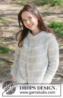 Snow Ring Cardigan / DROPS 252-35 - Strikket jakke i DROPS Air og DROPS Brushed Alpaca Silk. Arbeidet strikkes ovenfra og ned med dobbel halskant, rundfelling, striper og splitt i sidene. Størrelse S - XXXL.