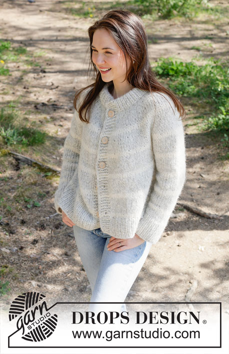 Snow Ring Cardigan / DROPS 252-35 - Strikket jakke i DROPS Air og DROPS Brushed Alpaca Silk. Arbeidet strikkes ovenfra og ned med dobbel halskant, rundfelling, striper og splitt i sidene. Størrelse S - XXXL.