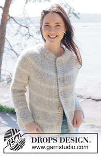 Snow Ring Cardigan / DROPS 252-35 - Strikket jakke i DROPS Air og DROPS Brushed Alpaca Silk. Arbeidet strikkes ovenfra og ned med dobbel halskant, rundfelling, striper og splitt i sidene. Størrelse S - XXXL.