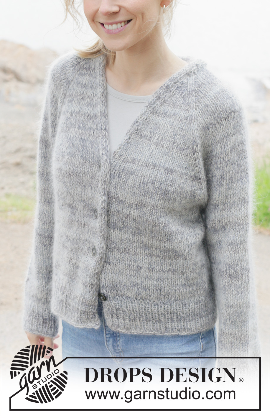 Lost in Mist Cardigan / DROPS 252-37 - Knitted jacket in 1 strand DROPS Fabel and 2 strands DROPS Kid-Silk. The piece is worked top down with raglan, V-neck and bands. Sizes S - XXXL.