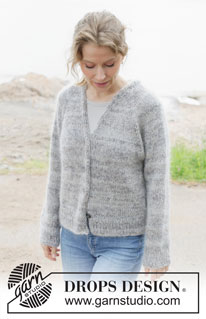 Lost in Mist Cardigan / DROPS 252-37 - Knitted jacket in 1 strand DROPS Fabel and 2 strands DROPS Kid-Silk. The piece is worked top down with raglan, V-neck and bands. Sizes S - XXXL.