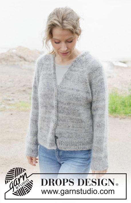 Lost in Mist Cardigan / DROPS 252-37 - Knitted jacket in 1 strand DROPS Fabel and 2 strands DROPS Kid-Silk. The piece is worked top down with raglan, V-neck and bands. Sizes S - XXXL.