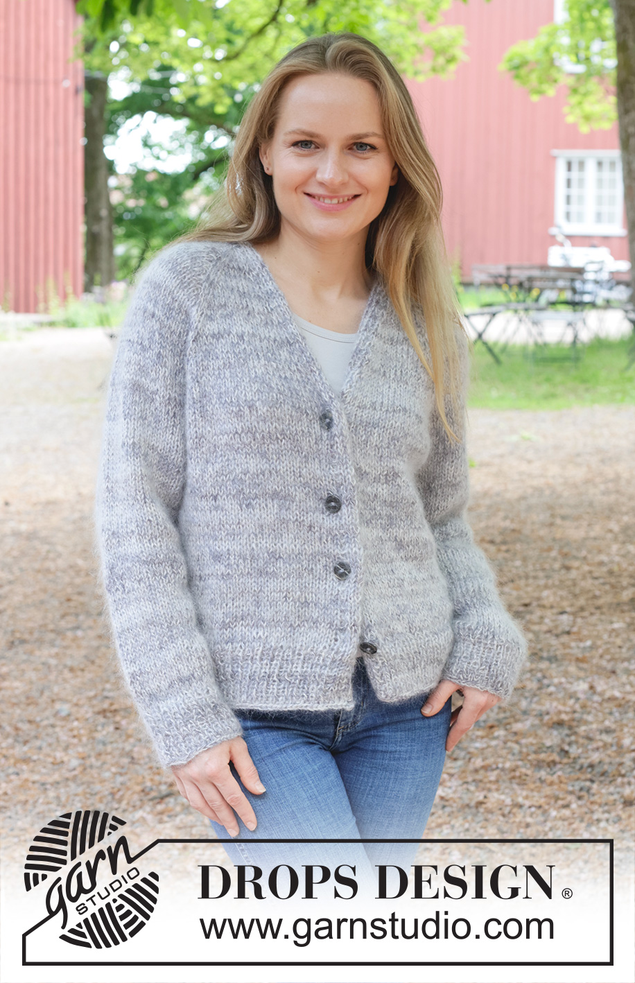 Lost in Mist Cardigan / DROPS 252-37 - Knitted jacket in 1 strand DROPS Fabel and 2 strands DROPS Kid-Silk. The piece is worked top down with raglan, V-neck and bands. Sizes S - XXXL.