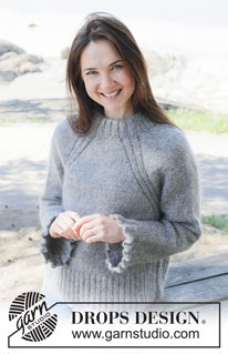 Silver Petunia / DROPS 252-40 - Gebreide trui in DROPS Soft Tweed en DROPS Kid-Silk. Het werk wordt van boven naar beneden gebreid met raglan, dubbele halsrand en ruches. Maten S - XXXL.