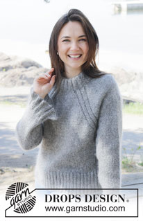 Silver Petunia / DROPS 252-40 - Gebreide trui in DROPS Soft Tweed en DROPS Kid-Silk. Het werk wordt van boven naar beneden gebreid met raglan, dubbele halsrand en ruches. Maten S - XXXL.