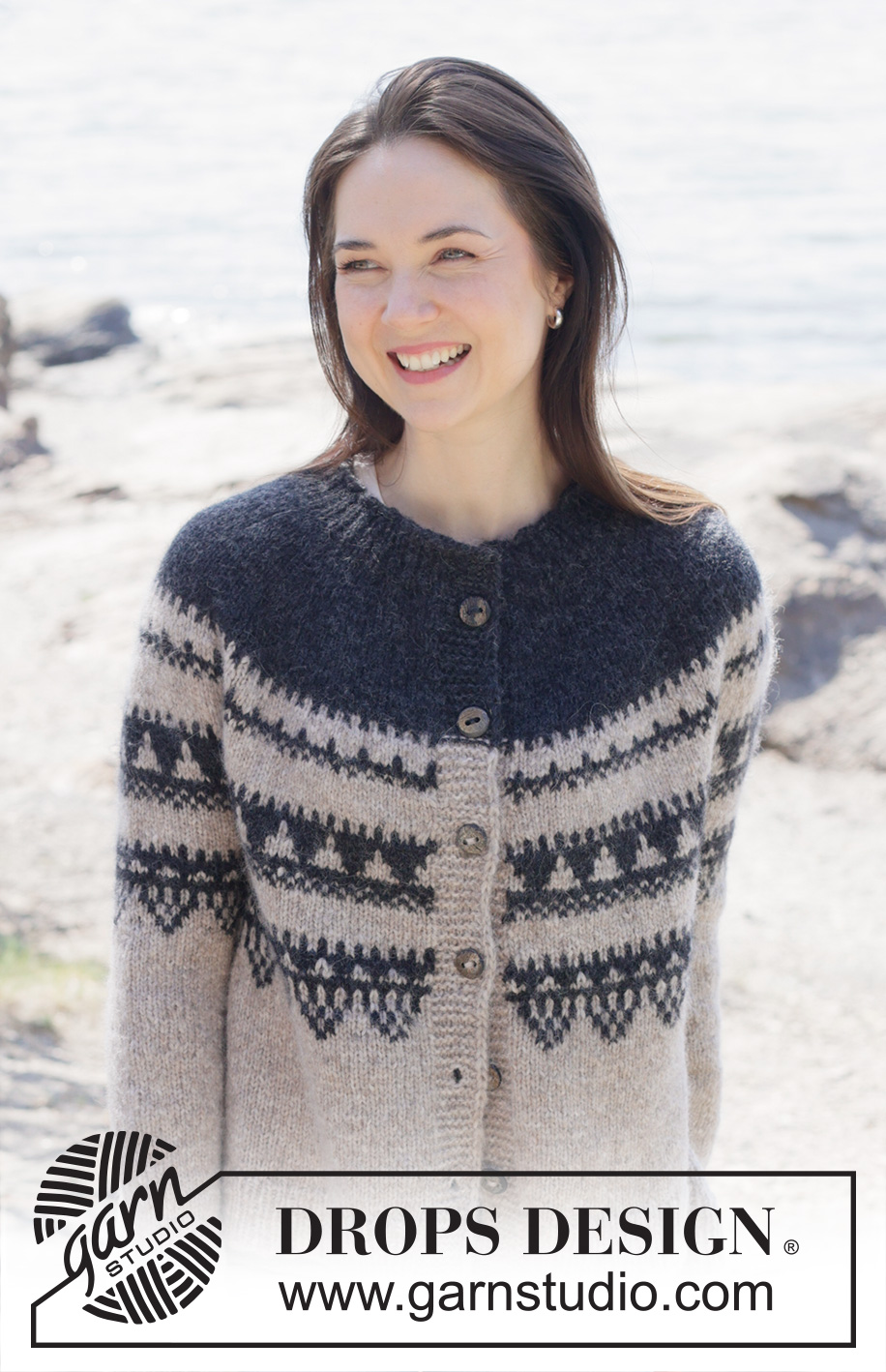 Moonlit Mountain Cardigan / DROPS 252-6 - Knitted jacket in DROPS Air. The piece is worked top down with round yoke, Nordic pattern, rolled edge and I-cord. Sizes S - XXXL.