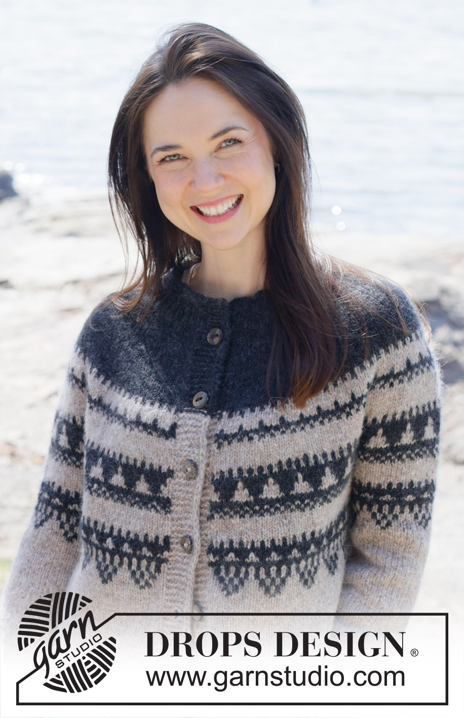 Moonlit Mountain Cardigan / DROPS 252-6 - Knitted jacket in DROPS Air. The piece is worked top down with round yoke, Nordic pattern, rolled edge and I-cord. Sizes S - XXXL.