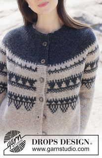 Moonlit Mountain Cardigan / DROPS 252-6 - Knitted jacket in DROPS Air. The piece is worked top down with round yoke, Nordic pattern, rolled edge and I-cord. Sizes S - XXXL.