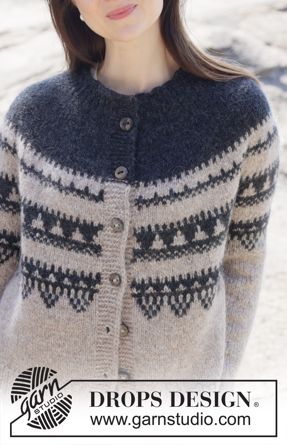 Moonlit Mountain Cardigan / DROPS 252-6 - Knitted jacket in DROPS Air. The piece is worked top down with round yoke, Nordic pattern, rolled edge and I-cord. Sizes S - XXXL.