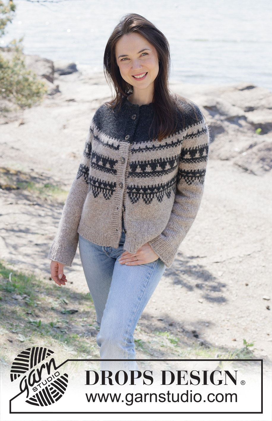 Moonlit Mountain Cardigan / DROPS 252-6 - Knitted jacket in DROPS Air. The piece is worked top down with round yoke, Nordic pattern, rolled edge and I-cord. Sizes S - XXXL.