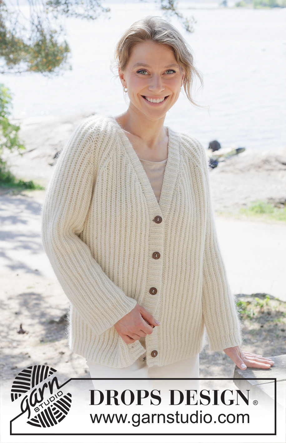 Cherish Cardigan / DROPS 252-7 - Knitted jacket in 1 strand DROPS Daisy and 1 strand DROPS Kid-Silk, or in 1 strand DROPS Puna and 1 strand DROPS Kid-Silk. The piece is worked top down with raglan, English rib and V-neck. Sizes S - XXXL.