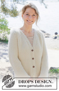 Cherish Cardigan / DROPS 252-7 - Knitted jacket in 1 strand DROPS Daisy and 1 strand DROPS Kid-Silk, or in 1 strand DROPS Puna and 1 strand DROPS Kid-Silk. The piece is worked top down with raglan, English rib and V-neck. Sizes S - XXXL.