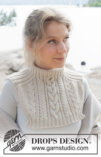 Irish Mist Neck Warmer / DROPS 253-25 - Knitted neck-warmer in DROPS Daisy or DROPS Karisma. The piece is worked top down with saddle shoulders, cables and relief-pattern.