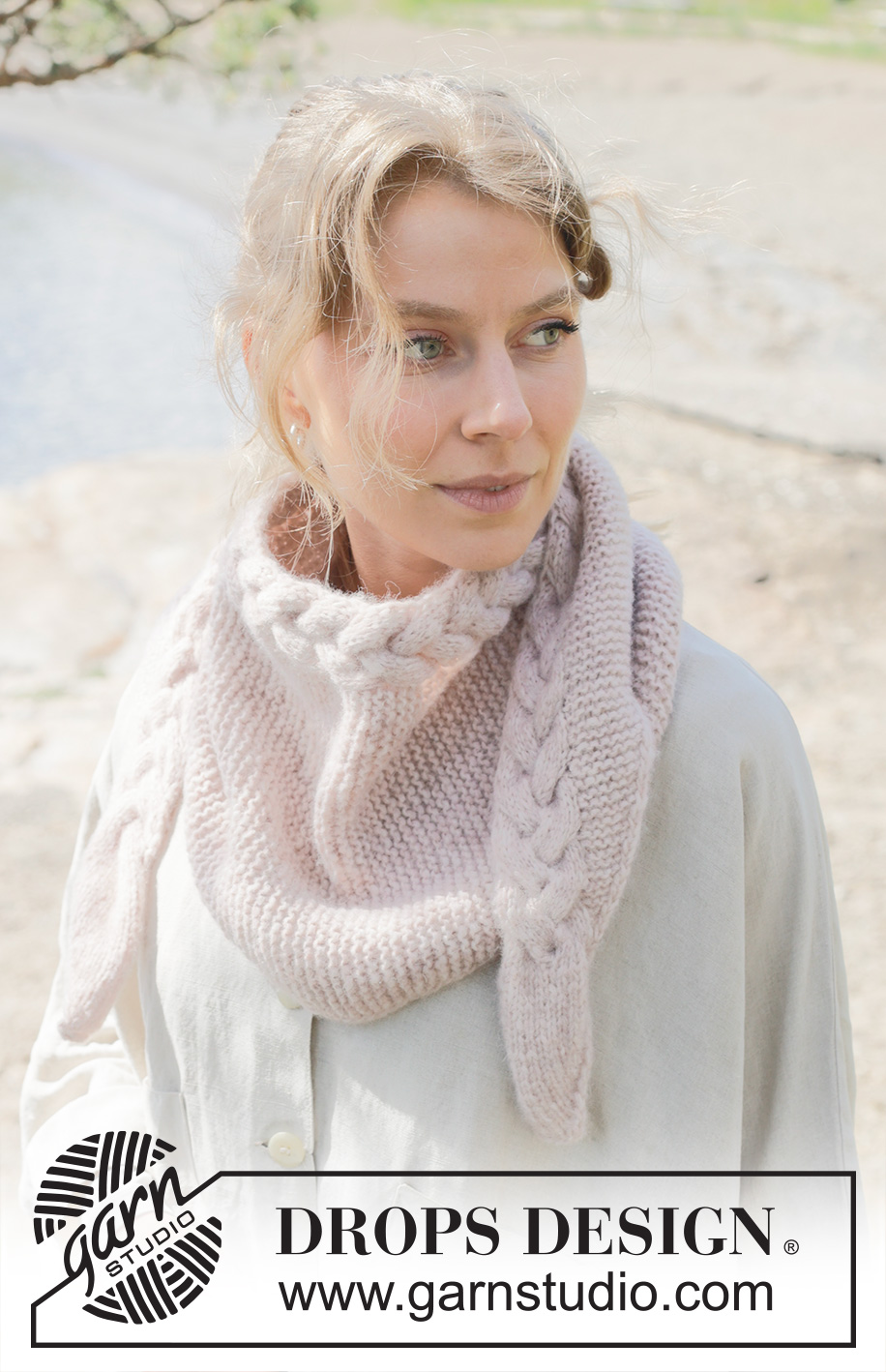 Swan’s Embrace Shawl / DROPS 253-28 - Knitted shawl in DROPS Air. The piece is worked sideways with garter stitch, cables and I-cord.