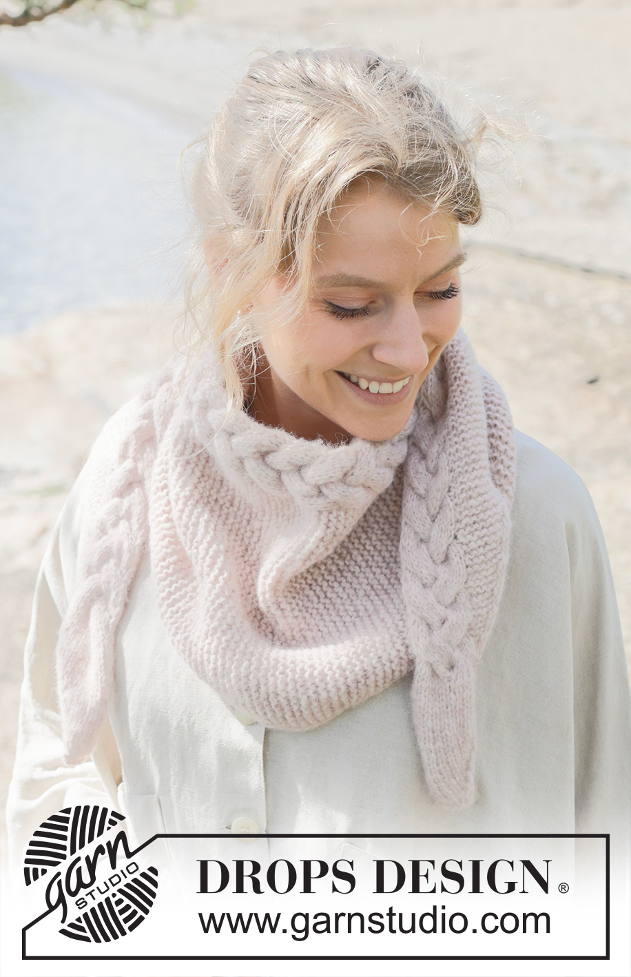 Swan’s Embrace Shawl / DROPS 253-28 - Knitted shawl in DROPS Air. The piece is worked sideways with garter stitch, cables and I-cord.