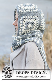Granny Square Hood / DROPS 253-59 - Gehäkelter Kapuzenschal in DROPS Big Merino. Die Arbeit wird mit Granny Squares gehäkelt und zusammengenäht. Einheitsgröße.