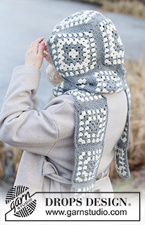Granny Square Hood / DROPS 253-59 - Gehäkelter Kapuzenschal in DROPS Big Merino. Die Arbeit wird mit Granny Squares gehäkelt und zusammengenäht. Einheitsgröße.