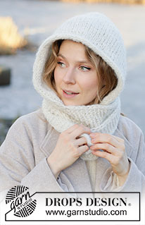 Snowflake Hood / DROPS 253-60 - Knitted hooded scarf in DROPS Air and DROPS Brushed Alpaca Silk. The piece is worked with stocking stitch, garter stitch and I-cord. Sizes S - XL.
