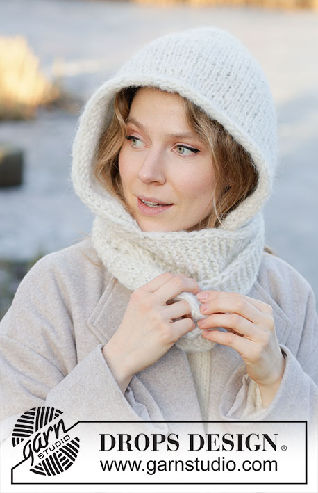 Snowflake Hood / DROPS 253-60 - Knitted hooded scarf in DROPS Air and DROPS Brushed Alpaca Silk. The piece is worked with stocking stitch, garter stitch and I-cord. Sizes S - XL.