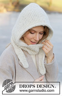 Snowflake Hood / DROPS 253-60 - Knitted hooded scarf in DROPS Air and DROPS Brushed Alpaca Silk. The piece is worked with stocking stitch, garter stitch and I-cord. Sizes S - XL.