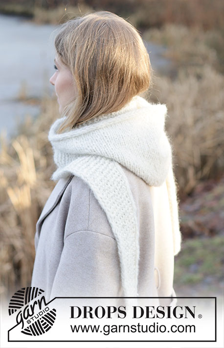 Snowflake Hood / DROPS 253-60 - Knitted hooded scarf in DROPS Air and DROPS Brushed Alpaca Silk. The piece is worked with stocking stitch, garter stitch and I-cord. Sizes S - XL.