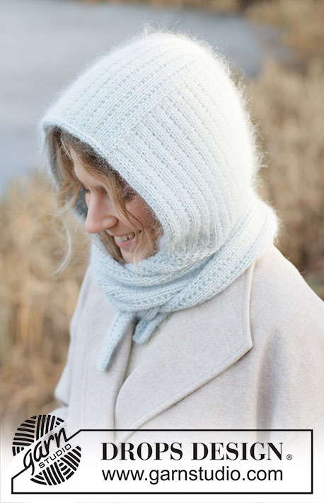 Winter Hug Hood / DROPS 253-61 - Knitted hooded scarf in DROPS Daisy and DROPS Kid-Silk. The piece is worked with pearl rib and I-cord. Sizes S - XL.