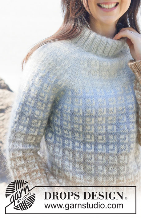 Cobblestones / DROPS 254-1 - Gebreide trui in DROPS Alpaca en DROPS Kid-Silk. Het werk wordt van boven naar beneden gebreid met raglan, Scandinavisch patroon, kleur-op-kleur strepen en dubbele halsrand. Maten XS - XXL.