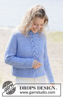Skyfall Road / DROPS 254-10 - Knitted jumper in DROPS Brushed Alpaca Silk and DROPS Alpaca. The piece is worked top down with raglan, cables and rolled neckline. Sizes S - XXXL.