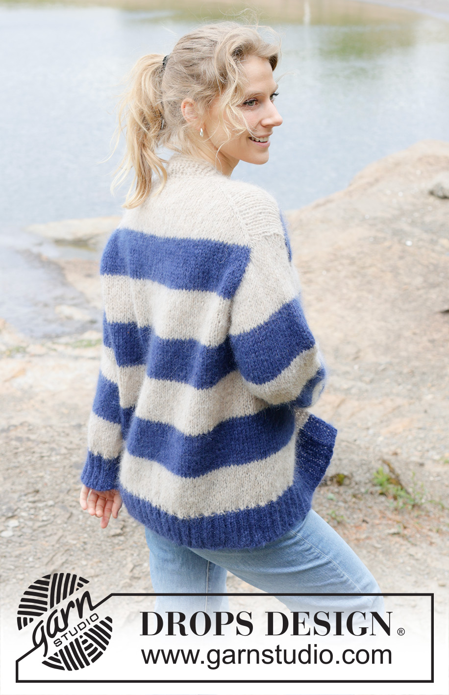 Blue Moon Halo Cardigan / DROPS 254-19 - Knitted over-sized jacket in 2 strands DROPS Brushed Alpaca Silk or 1 strand DROPS Melody. The piece is worked top down with diagonal/European shoulders, V-neck, I-cord and stripes. Sizes XS - XXL.