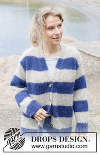 Blue Moon Halo Cardigan / DROPS 254-19 - Knitted over-sized jacket in 2 strands DROPS Brushed Alpaca Silk or 1 strand DROPS Melody. The piece is worked top down with diagonal/European shoulders, V-neck, I-cord and stripes. Sizes XS - XXL.
