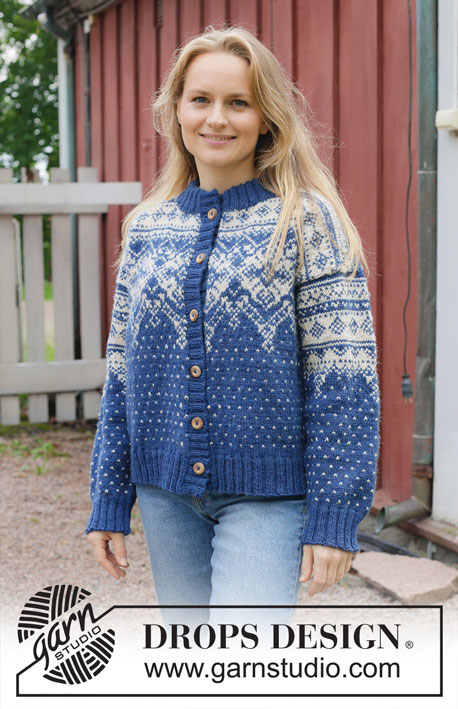 Evening Star Cardigan / DROPS 254-24 - Knitted jacket in DROPS Karisma or DROPS Daisy. Piece is knitted top down with Nordic pattern and double neck edge. Size: S - XXXL